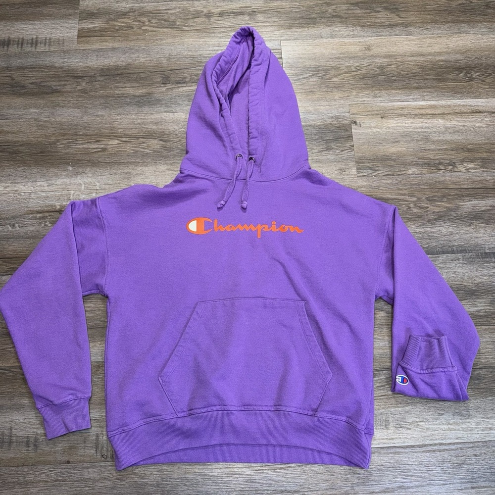 Champion Cozy Purple Pullover Hoodie Womens Medium Script Logo Spell-Out